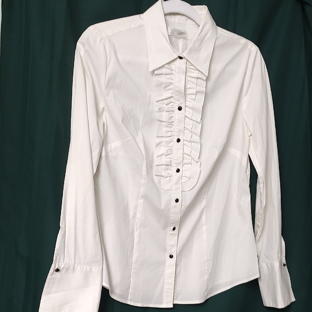 Loft White Ruffled Button Down Shirt - image 5